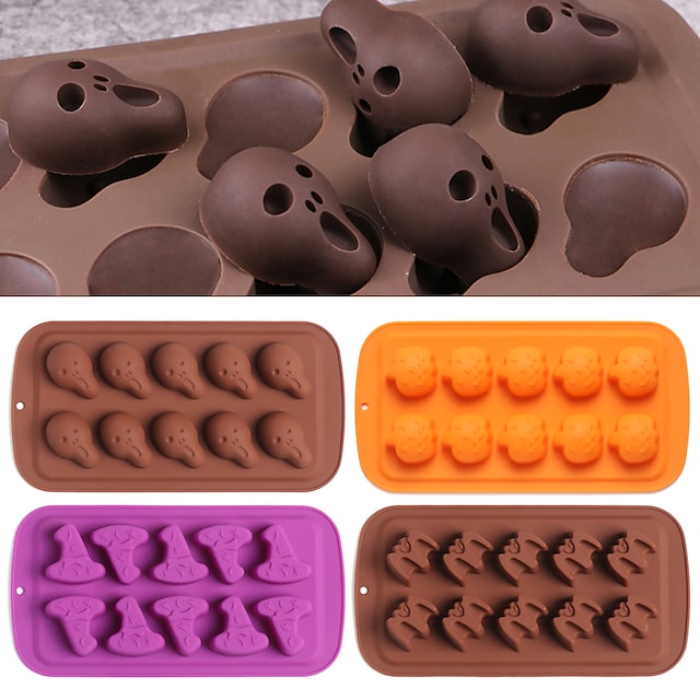 4 Packs Halloween Silicone Mold Pumpkin Cake Chocolate Cookie Mold Skeleton Heads Wizard Hats Bats Baking Mold DIY Baking Tool 3D Decoration #8755918