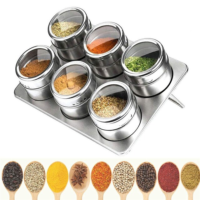 6 Pieces/set Magnetic Spice Jars with Spice Rack Stainless Steel Spice Tins Spice Storage Jar Tins Pepper Seasoning Shakers Jars Set of 6 Spice Storage Container Clear Lid Sift or Pour #8984395