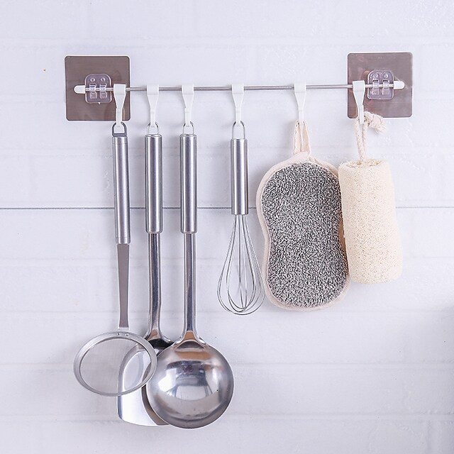 Stainless Steel Rod Non-marking Stickers 6 even Hooks Multi-purpose 6 Hooks Kitchen and Bathroom Storage and Finishing Six Rows of Hooks Removable Hooks Storage Artifact #8763164