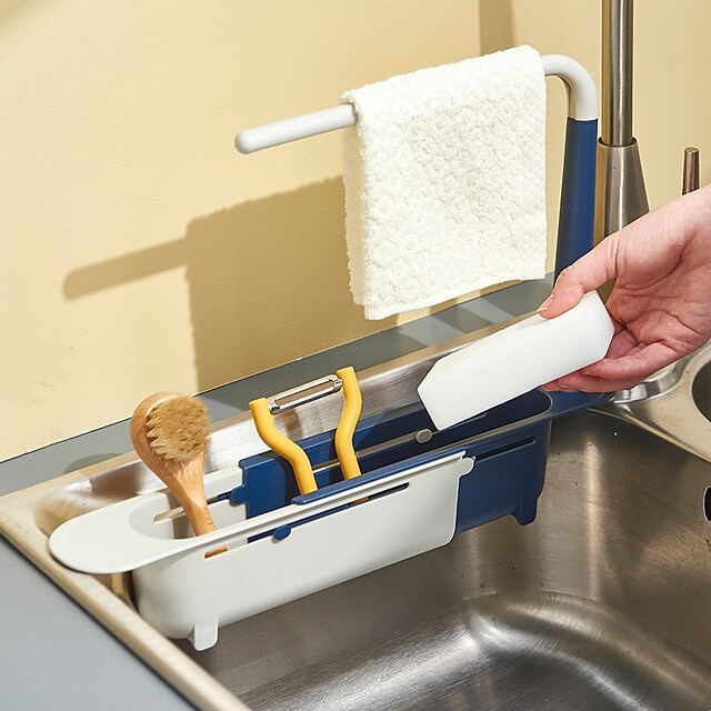 Telescopic Sink Storage Rack, Adjustable Length 2-in-1 Sink Organizer Tray Sponge Soap Holder with Dishcloth Hanger, Expandable Storage Drain Basket for Home #8995027