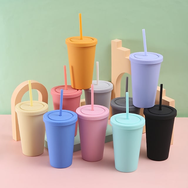 Creative Double-Layer Plastic Cup Flat Rubber Paint Water Cup 450ml Car Portable Sports Frosted Straw Cup #8959872