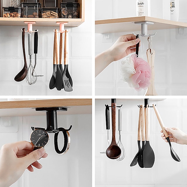 2pcs 360 Degrees Rotated Kitchen Hooks Self Adhesive 6 Hooks Home Wall Door Hook Handbag Clothes Ties Bag Hanger Hanging Rack #8809649