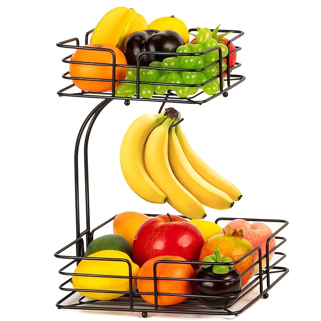 2-Tier Square Countertop Fruit Vegetables Basket Bowl Storage with Grape Banana Hanger #9009594