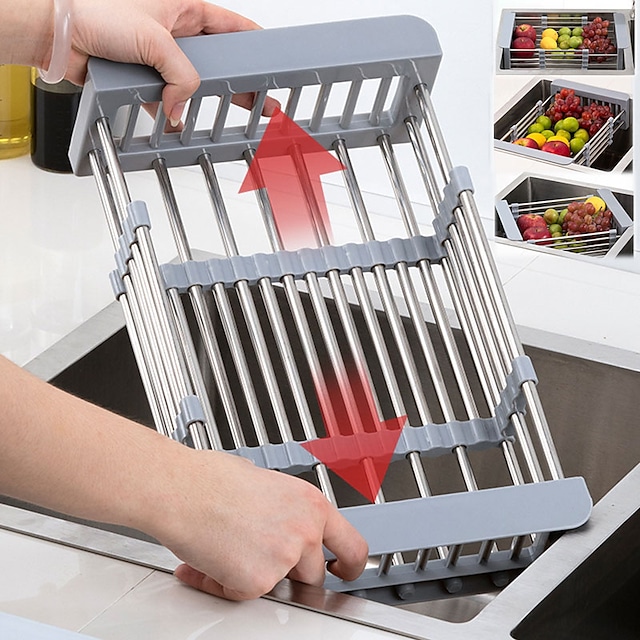 Fruit Vegetable Cutlery Drainer Stainless Steel Rack Drain Basket Telescopic Sink Rack Dish Rack Cleaning Organizer Kitchen #8690724