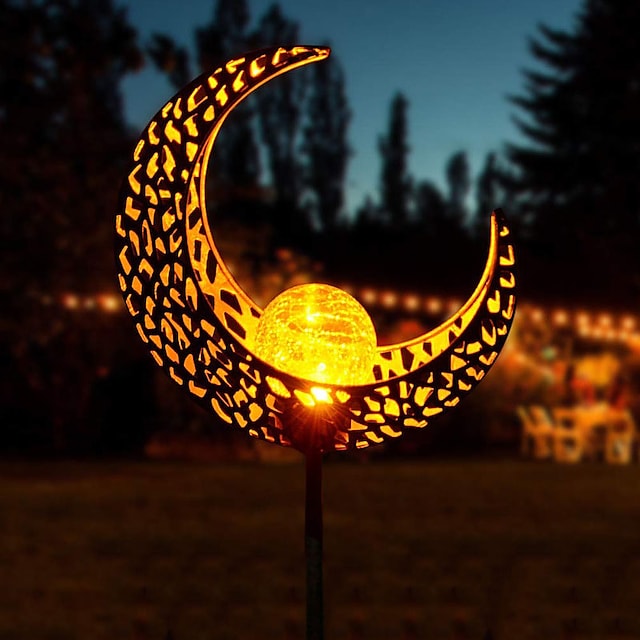 Ramadan Eid Lights Solar Lights Outdoor Waterproof LED Solar Patio Garden Lawn Light Wrought Iron Moon Retro Glass Crack Hollow Projection Lamp Plug Light Outdoor Garden Decoration Landscape Lamp #8702054