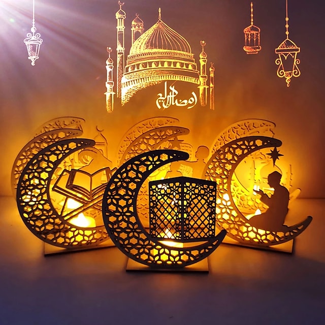 Ramadan Eid Mubarak Lights LED Wooden Night Light Decoration Lamp Star Moon Light Islamic Muslim Festival Home Decorations #9000651