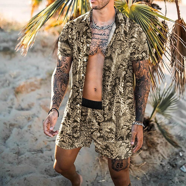 Men's Shirt Set 3D Print Floral Turndown Casual Holiday 3D Print Button-Down Short Sleeve Tops Casual Fashion Hawaiian Comfortable Gold #8967704