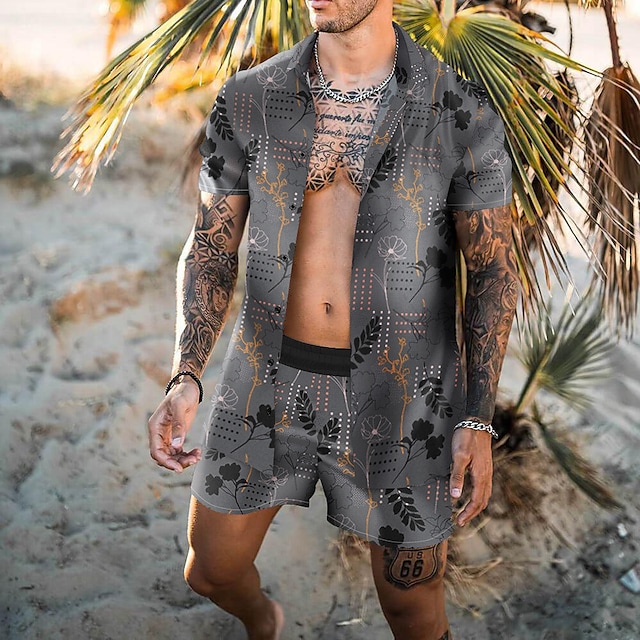 Men's Shirt Set 3D Print Floral Graphic Prints Turndown Casual Holiday 3D Print Button-Down Short Sleeve Tops Casual Fashion Hawaiian Comfortable Gray #8967540