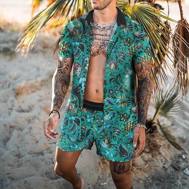 Men's Shirt Set 3D Print Floral Graphic Prints Turndown Casual Holiday 3D Print Button-Down Short Sleeve Tops Casual Fashion Hawaiian Comfortable Green #8967621