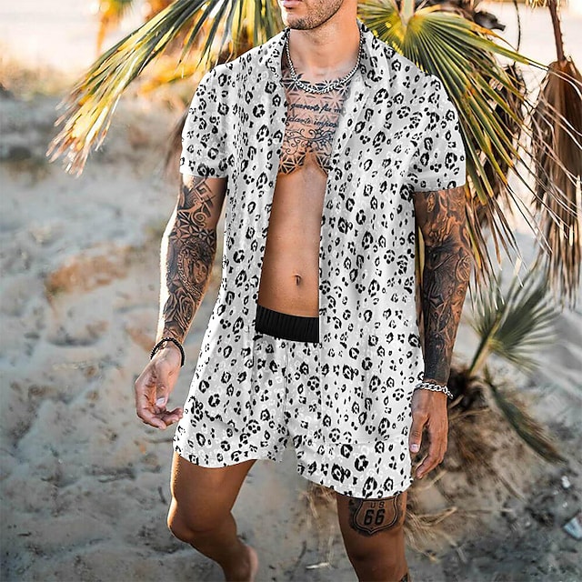 Men's Shirt Set 3D Print Leopard Turndown Casual Holiday 3D Print Button-Down Short Sleeve Tops Casual Fashion Hawaiian Comfortable White #8967703