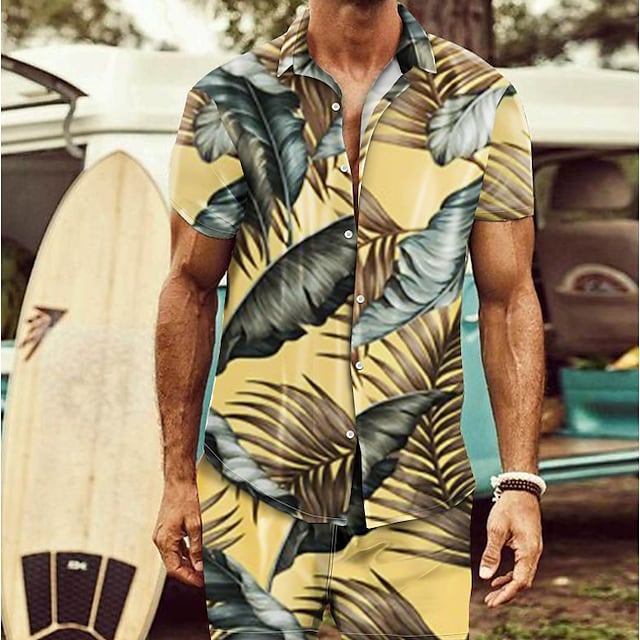 Men's Shirt Set 3D Print Plants Graphic Prints Turndown Casual Holiday 3D Print Button-Down Short Sleeve Tops Casual Fashion Hawaiian Comfortable Yellow #8967035