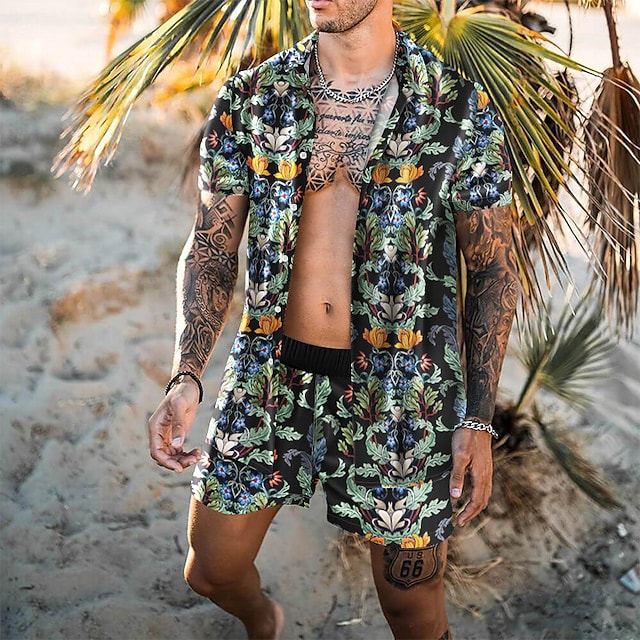 Men's Shirt Set 3D Print Floral Graphic Prints Turndown Casual Holiday 3D Print Button-Down Short Sleeve Tops Casual Fashion Hawaiian Comfortable Green #8967542