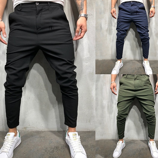 Men's Casual Hip-Hop Harem Baggy Full Length Pants Casual Daily Micro-elastic Solid Color Breathable Lightweight Mid Waist ArmyGreen Black Navy Blue M L XL XXL 3XL #8921610