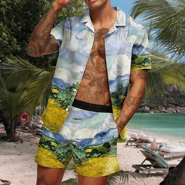 Men's Shirt Set 3D Print Scenery Graphic Prints Turndown Casual Holiday 3D Print Button-Down Short Sleeve Tops Casual Fashion Hawaiian Comfortable Yellow #8967617