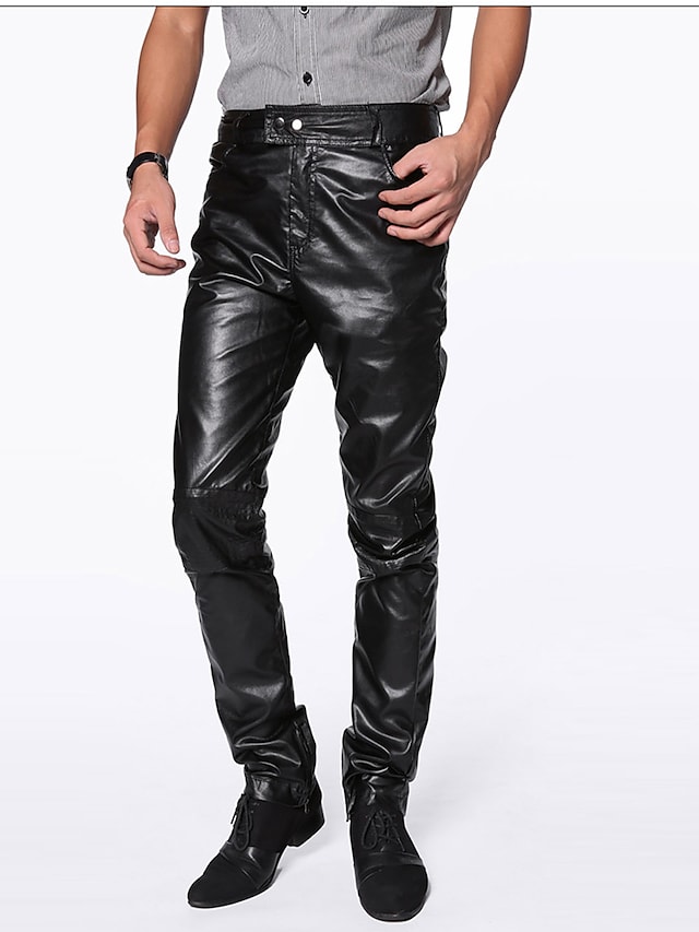 mens black faux leather pants slim fit fashion trousers pencil pants #8832225