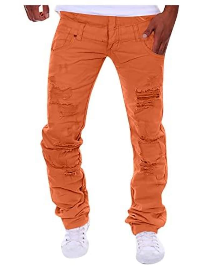 Men's Cargo Pants Ripped Open Bottom Joggers Stacked Sweatpants Slim Fit Straight Biker Trousers Hip-hop Streetwear Orange #9001673