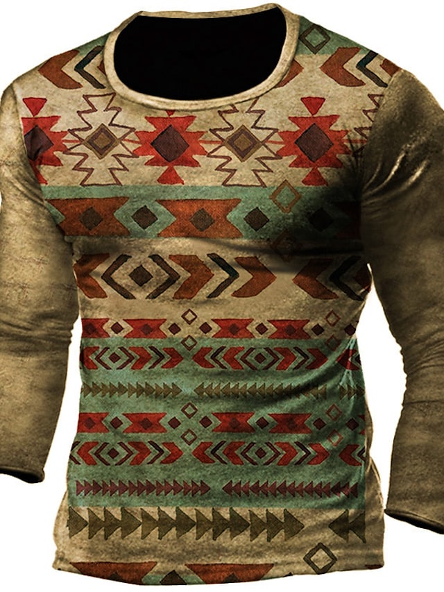 Men's Unisex T shirt 3D Print Geometric Tribal Graphic Prints Crew Neck Street Daily Print Long Sleeve Tops Basic Casual Fashion Retro Brown / Spring / Summer / Military #9018878