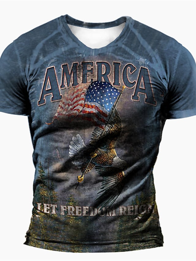 Men's Unisex T shirt 3D Print Graphic Prints Eagle National Flag Crew Neck Street Daily Print Short Sleeve Tops Basic Casual Fashion Retro Blue #9018927