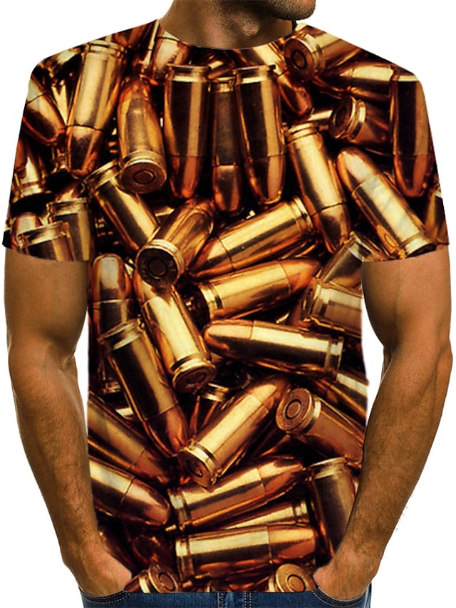 Men's T shirt Graphic 3D Round Neck Daily Wear Club Print Short Sleeve Tops Streetwear Exaggerated Gold #7427384