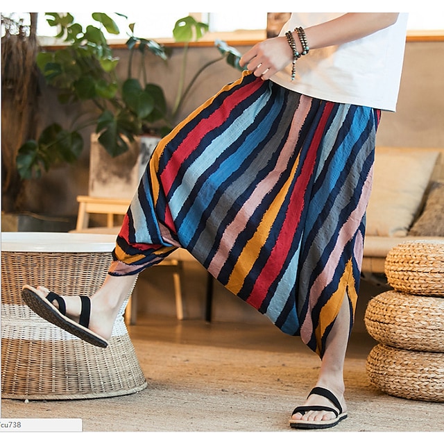 Men's Retro Vintage Streetwear Harem Baggy Elastic Drawstring Design Print Ankle-Length Pants Casual Daily Stripe Graphic Prints Comfort Soft Mid Waist Green Red S M L XL XXL #9031995