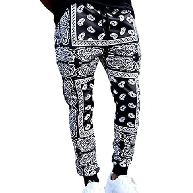 men's bandana paisly drawstring jogger pants cashew printed sweatpants skateboard loose swag trousers with pockets #8850714