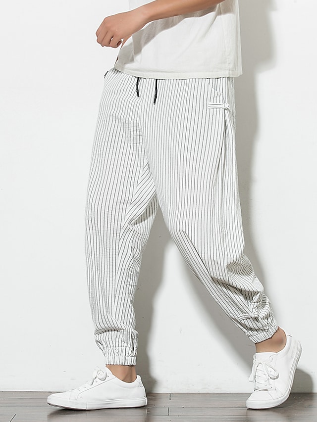 Men's Chinoiserie Sweatpants Drawstring Stripe Ankle-Length Pants Home Daily Micro-elastic Striped Cotton Blend Comfort Breathable Mid Waist Slim Black Gray White Navy Blue M L XL XXL 3XL #8172330