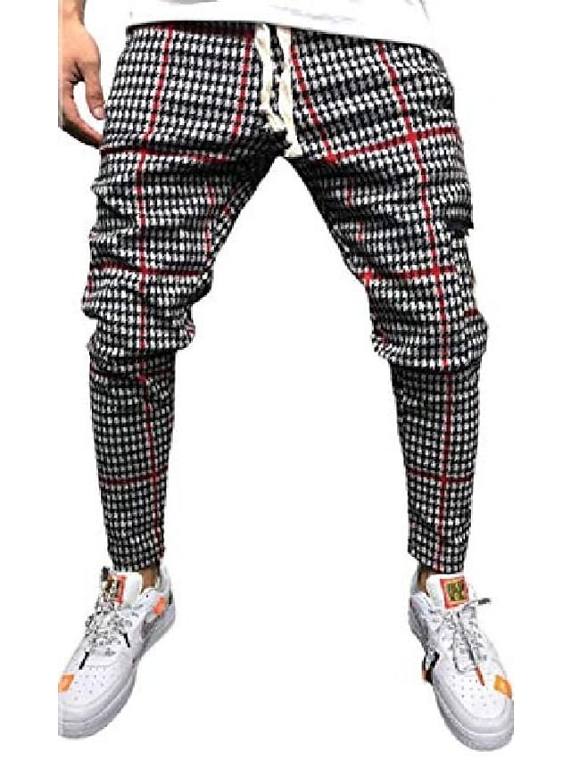 men's casual drawstring waist taper leg plaid jogger harem sweatpants (medium, red) #8837658