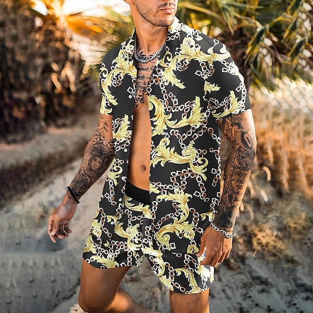 Men's Shirt Set 3D Print Floral Graphic Prints Turndown Casual Holiday 3D Print Button-Down Short Sleeve Tops Casual Fashion Hawaiian Comfortable Yellow #8967048