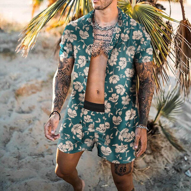 Men's Shirt Set 3D Print Floral Graphic Prints Turndown Casual Holiday 3D Print Button-Down Short Sleeve Tops Casual Fashion Hawaiian Comfortable Green #8967545