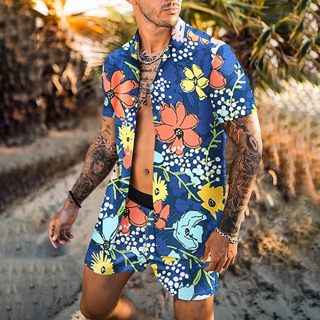 Men's Shirt Set 3D Print Floral Graphic Prints Turndown Casual Holiday 3D Print Button-Down Short Sleeve Tops Casual Fashion Hawaiian Comfortable Blue #8967084