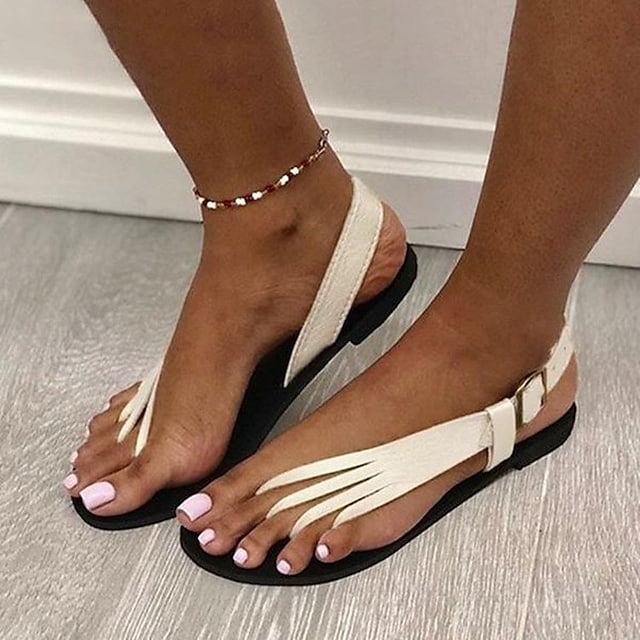 Women's Sandals Boho Bohemia Beach Flat Sandals Flat Heel Round Toe PU Ankle Strap Summer Solid Colored White Black Gold #8724009