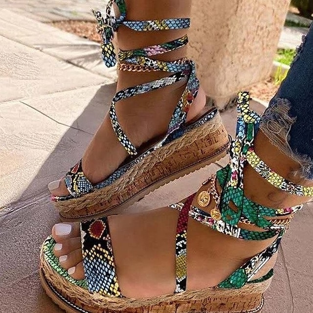 Women's Sandals Lace Up Sandals Boho Bohemia Beach Platform Sandals Wedge Heel PU Lace-up Green Black Brown #8550940