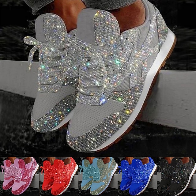 Women's Trainers Athletic Shoes Sneakers Sequins Bling Bling Sneakers Silver Sequin Flat Heel Round Toe Sporty Casual Daily Outdoor Tennis Shoes Walking Shoes Mesh Lace-up Fall Spring Solid Colored #7585121