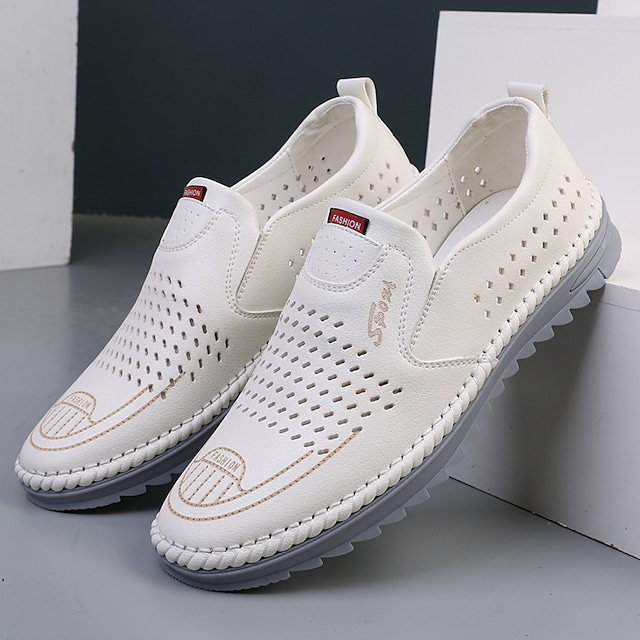 summer hollow casual leather shoes men's soft surface handmade driving shoes 2021 new dad shoes men's white shoes #8565023