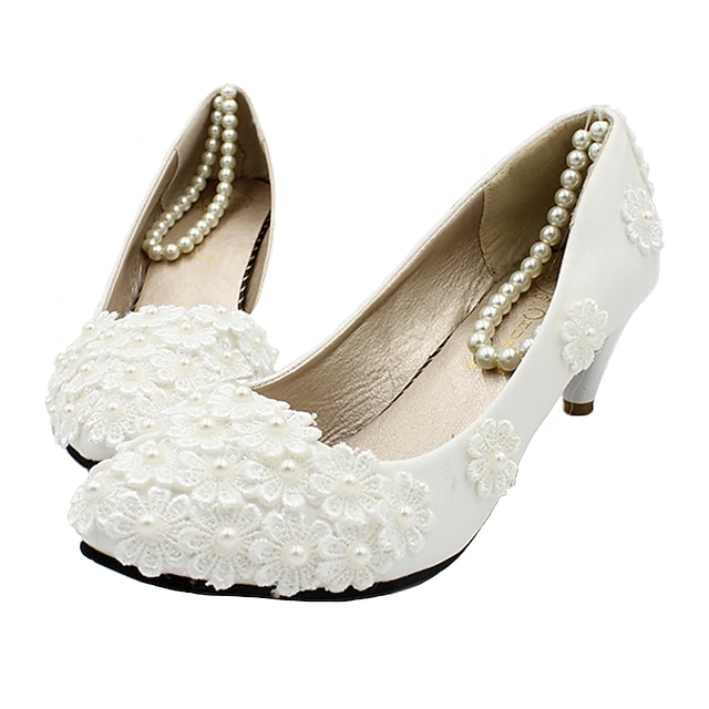 Women's Wedding Shoes Wedding Heels Bridal Shoes Pearl Lace Flower Kitten Heel Round Toe Closed Toe Sweet Wedding Faux Leather Loafer Spring Summer Solid Colored White #6117983