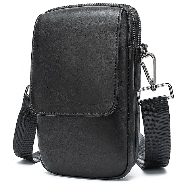 Men's Bum Bag Fanny Pack Mobile Phone Bag Sling Shoulder Bag Nappa Leather Cowhide Zipper Daily Black #9008523