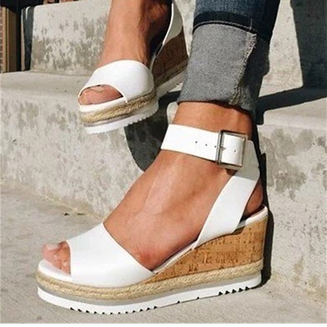 Women's Sandals Wedge Sandals Platform Sandals Wedge Heel Peep Toe PU Buckle Solid Colored Dark Brown White Black #8653448