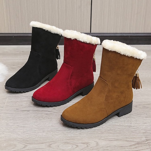 Women's Boots Snow Boots Mid Calf Boots Chunky Heel Round Toe Synthetics Zipper Winter Solid Colored Wine Dark Brown Black #8917251