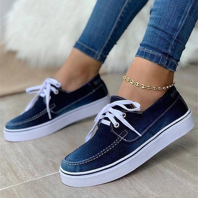 Women's Sneakers Lace-up Flat Heel Round Toe Canvas Lace-up Solid Colored Black Dark Blue Light Blue #8790817