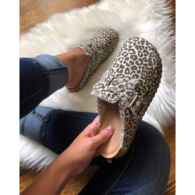 Women's Clogs Vintage Clogs Flat Heel Round Toe Daily Canvas Loafer Spring Summer Leopard Black / White Leopard Black / Beige #9013362