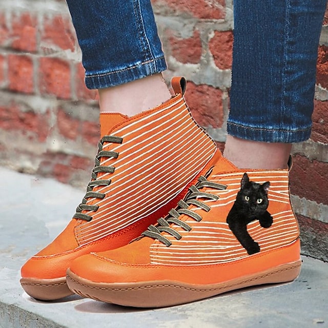 Women's Boots Booties Ankle Boots Flat Heel Round Toe PU Lace-up Animal Patterned Gray Orange Red #8803635