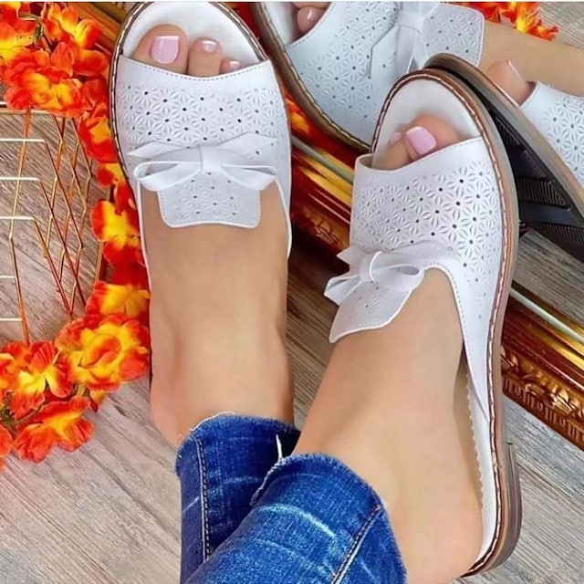 Women's Slippers Bowknot Flower Flat Heel Round Toe Daily PU Leather Loafer Spring Summer Solid Colored White Pink Gold #8936038