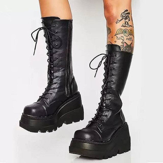 Women's Boots Goth Boots Cosplay Shoes Mid Calf Boots Lace-up Platform Wedge Heel Round Toe Gothic Punk Halloween Daily Club Faux Leather Zipper Fall Winter Solid Colored Black #8798471