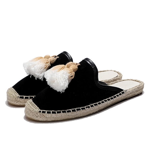 Women's Mules Espadrilles Loafer Mules Tassel Flat Heel Round Toe Casual Minimalism Daily Walking Shoes Canvas Linen Loafer Spring Summer Solid Colored Black Khaki Blue #9028801