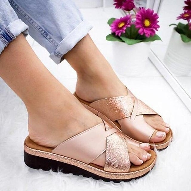 Women's Sandals Plus Size Flat Heel Round Toe Minimalism Daily PU Leather Spring Summer Solid Colored Black Champagne Silver #9018754