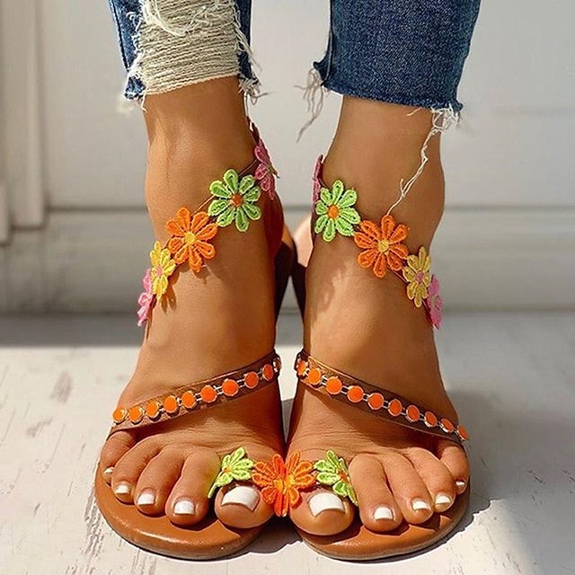 Women's Sandals Boho Bohemia Beach Lace Flower Flat Heel Round Toe PU Loafer Floral Rainbow #8557845