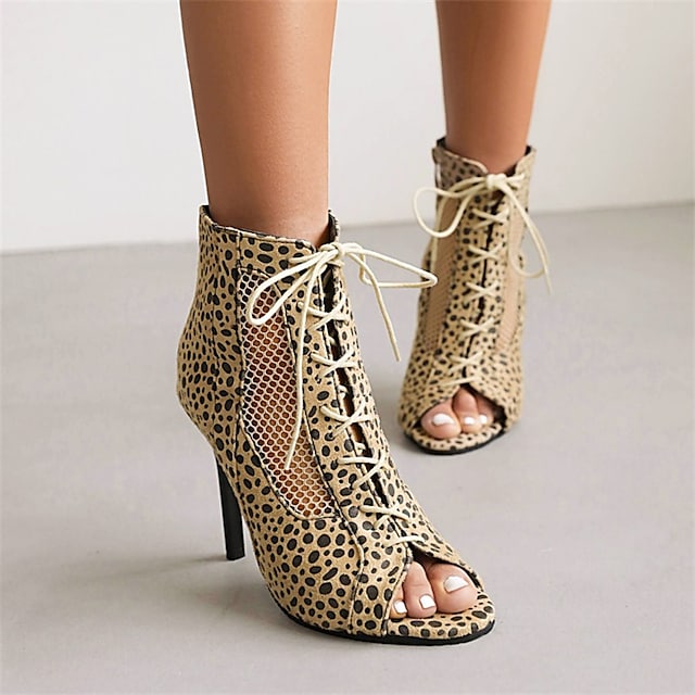 Women's Boots Stiletto Heel Peep Toe Minimalism Daily PU Leather Lace-up Summer Color Block Leopard White Black #9034425