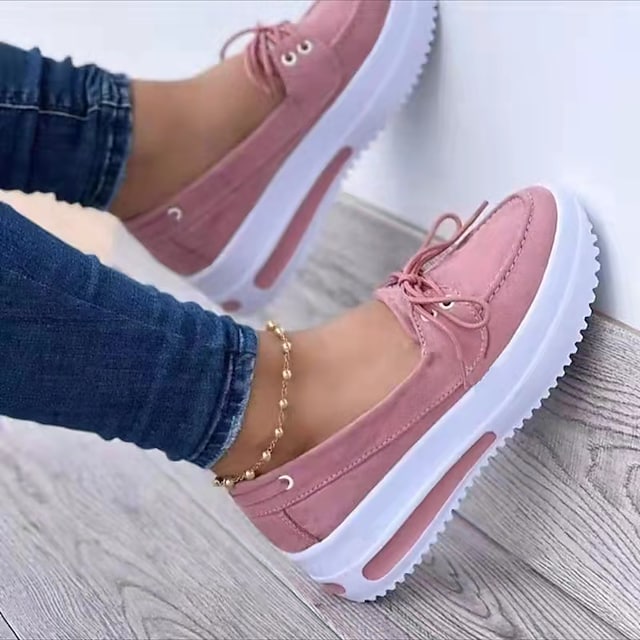 Women's Loafers Wedge Heel Round Toe Casual Daily Walking Shoes PU Leather Lace-up Spring Summer Solid Colored Black Pink Blue #9014601