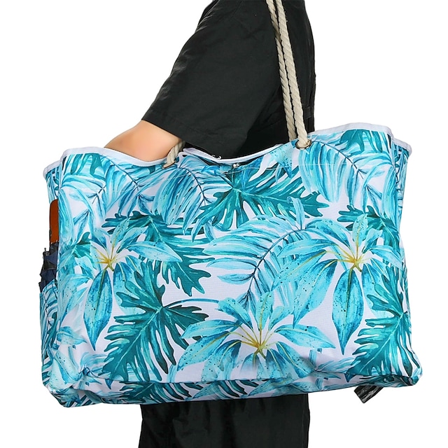 Women's Girls' Beach Bag Tote Polyester Holiday Outdoor Black and white stripes Green leaves blue stripes Colorful leaves #8995996