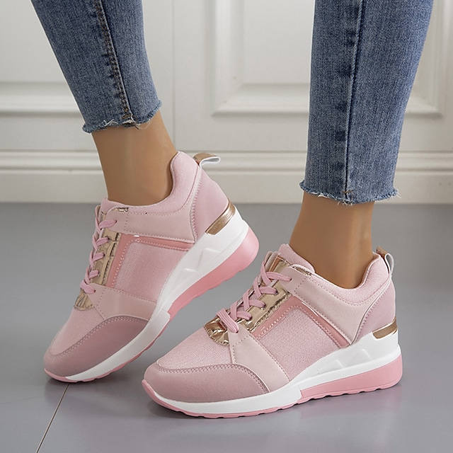 Women's Sneakers Plus Size Wedge Heel Round Toe Sporty Daily Outdoor Walking Shoes Lace-up Fall Spring Color Block White Pink Light Grey #8671702